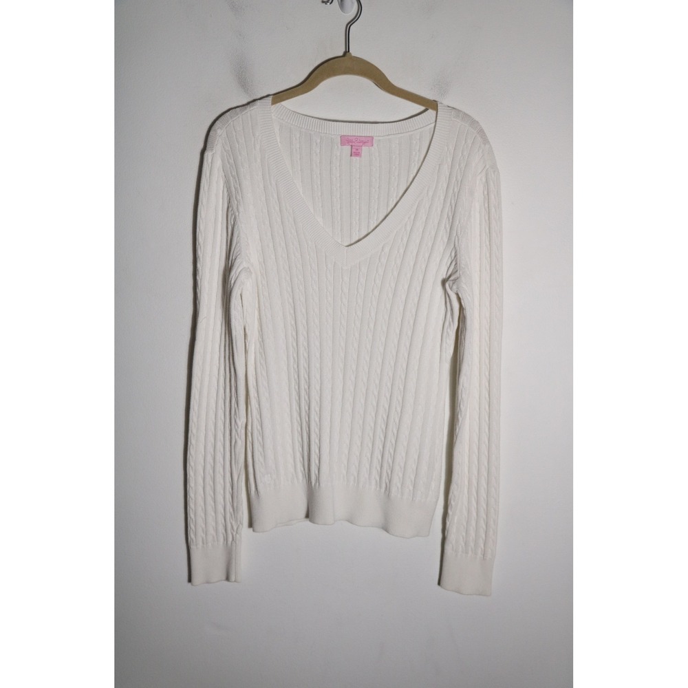 Lilly Pulitzer Cable Knit V Neck Sweater Womens Medium White Cotton Preppy
